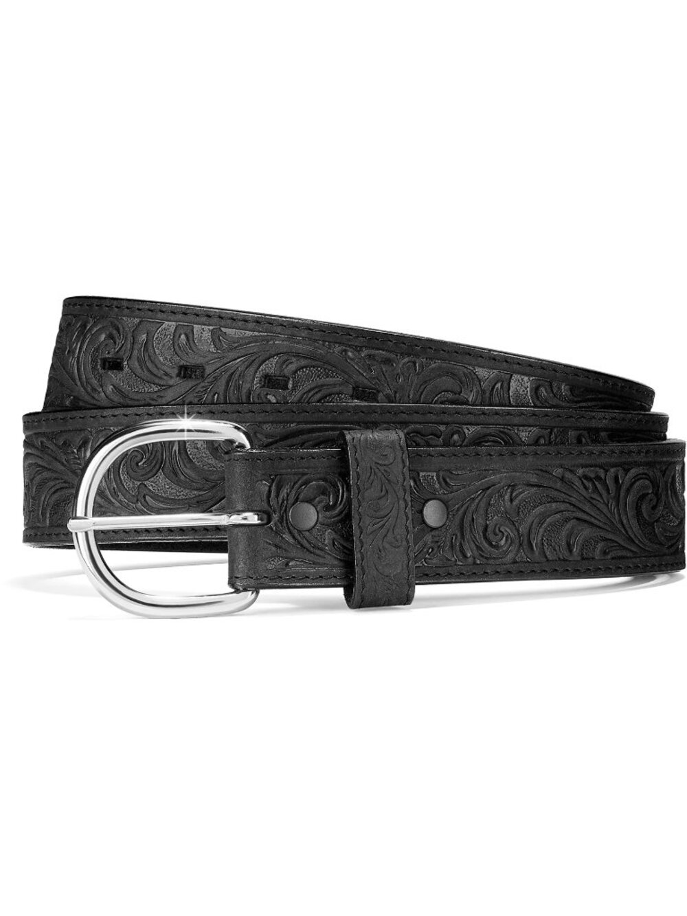 Justin Men's Western Belt Black Scroll Tooled Leather Silver Hardware Size 40